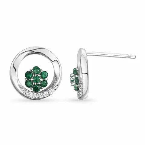 runde blomst smaragd ørestikker i 14 karat hvitt gull med diamant og smaragd