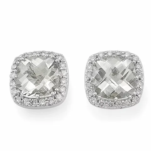 firkantet diamant ørestikker i 14 karat hvitt gull med diamant og kvarts
