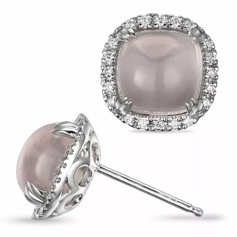firkantet rosa kvarts ørestikker i 14 karat hvitt gull med diamant og kvarts