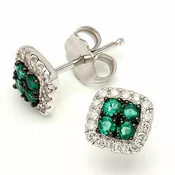 firkantet grønn smaragd øredobber i 14 karat hvitt gull med diamant og smaragd 