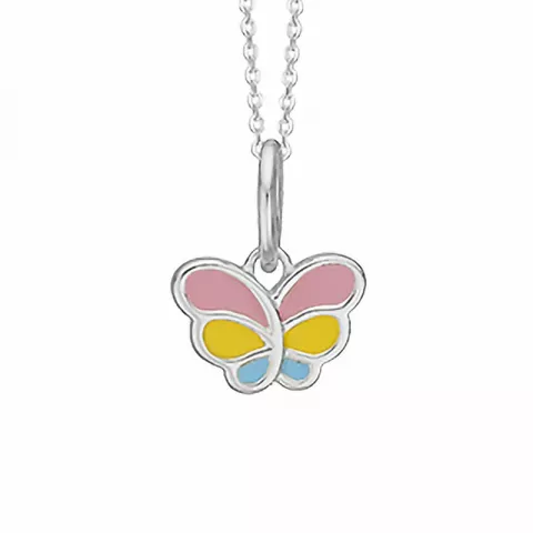 Aagaard sommerfugl anheng med halskjede i sølv rosa emalje blå emalje gul emalje