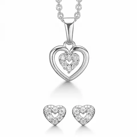 Støvring Design hjerte sett med øredobber og halskjeder i rodinert sølv hvite zirkoner