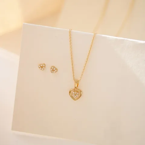 Støvring Design hjerte smykke sett i forgylt sølv hvit zirkon