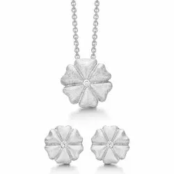 Støvring Design blomst smykke sett i rodinert sølv hvite zirkoner