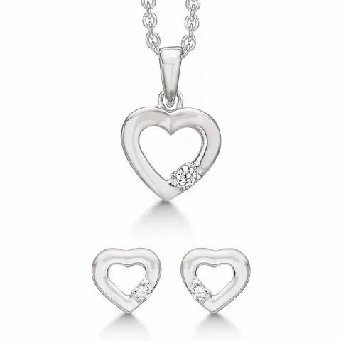 Støvring Design hjerte smykke sett i rodinert sølv hvite zirkoner