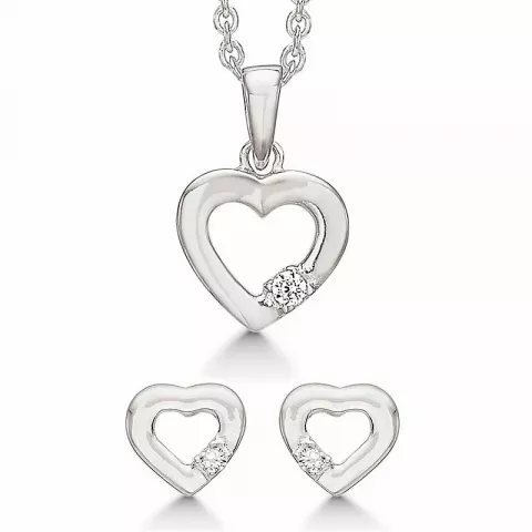 Støvring Design hjerte smykke sett i sølv hvite zirkoner