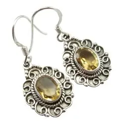 Gul citrin sølvøredobb i oksidert sterlingsølv