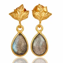 Blad labradoritt ørestikker i forgylt sølv