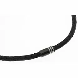 Flettet halskjede i svart lær med stållås  x 4,4 mm