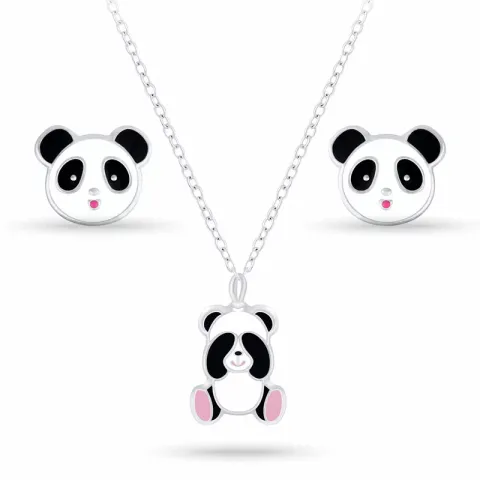 panda sett med øredobber og halskjeder i sølv hvit emalje svart emalje rosa emalje