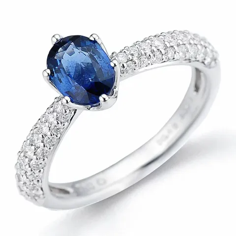 oval blå safir diamantring i 14 karat hvitt gull 0,506 ct