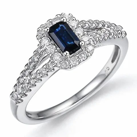 firkantet safir diamantring i 14 karat hvitt gull 0,38 ct 0,31 ct