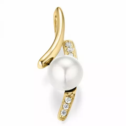 Hvit perle anheng i 14 karat gull 0,052 ct