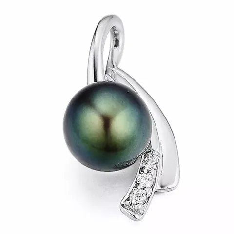 Svart perle anheng i 14 karat hvitt gull 0,03 ct