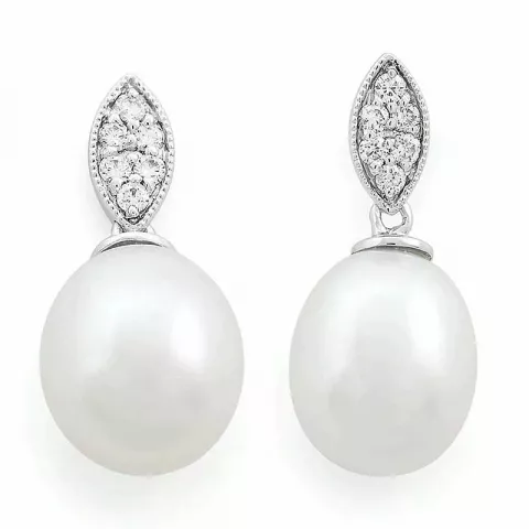 ovale perle diamantøredobb i 14 karat hvitt gull med diamant 