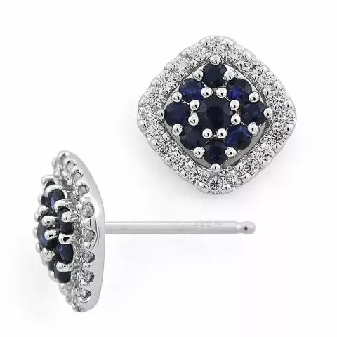 firkantet safir diamantøredobb i 14 karat hvitt gull med diamant og safir