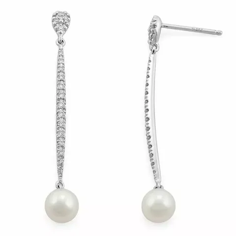 lange perle diamantøredobb i 14 karat hvitt gull med diamant