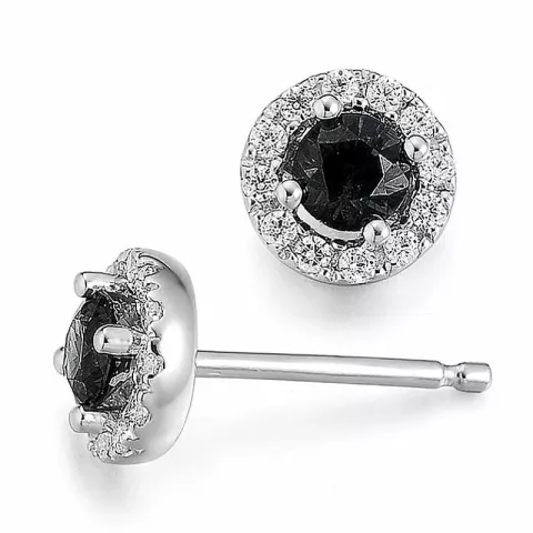 runde svart diamant briljantøredobb i 14 karat hvitt gull med diamant og svart diamant