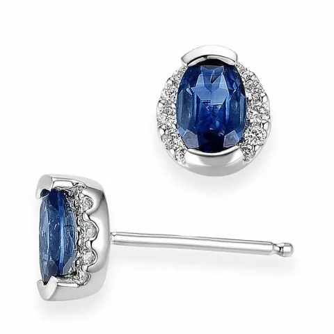 ovale blå safir ørestikker i 14 karat hvitt gull med diamant og safir