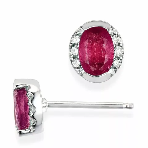 ovale rubin ørestikker i 14 karat hvitt gull med diamant og rubin