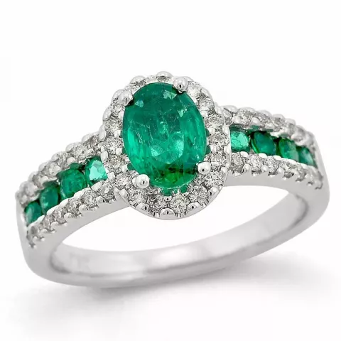 oval grønn smaragd diamantring i 14 karat hvitt gull 0,65 ct 0,31 ct 0,29 ct