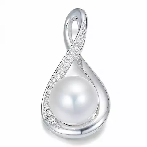 Hvit perle anheng i 14 karat hvitt gull 0,097 ct