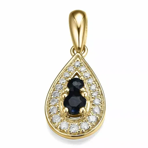 dråpeformet blå safir diamantanheng i 14 karat gull 0,109 ct 0,21 ct