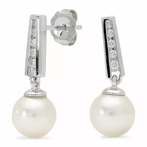 Hvite perle diamantøredobb i 14 karat hvitt gull med diamanter 