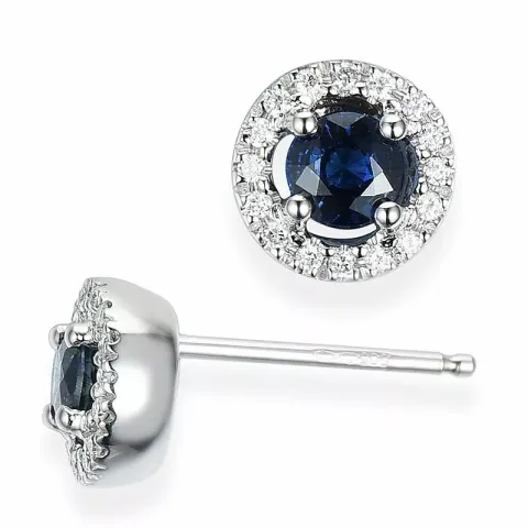 runde blå safir diamantøredobb i 14 karat hvitt gull med diamant og safir