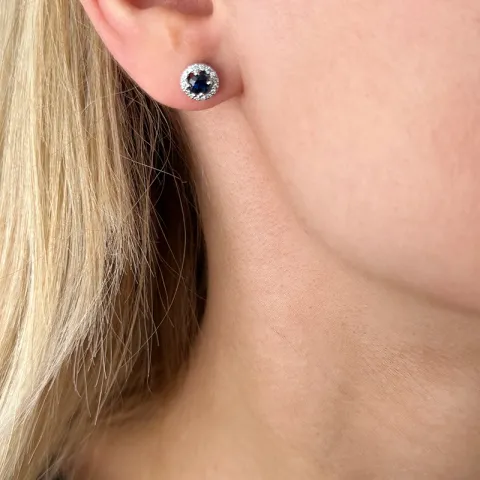 runde blå safir diamantøredobb i 14 karat hvitt gull med diamant og safir