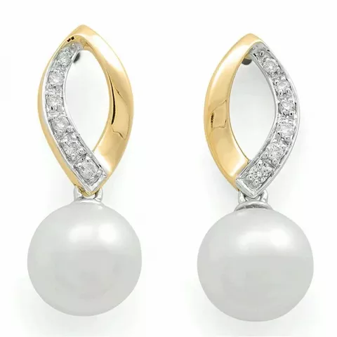 Hvite perle diamantøredobb i 14 karat gull med rhodium med diamanter 