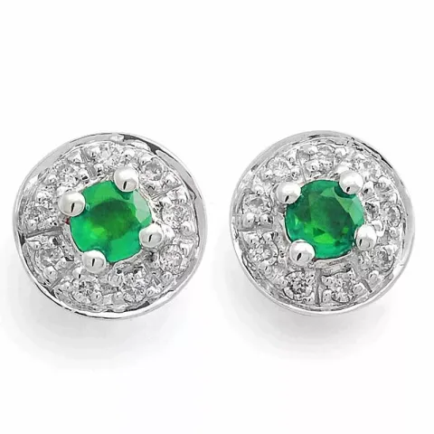 runde smaragd diamantøredobb i 14 karat hvitt gull med diamant og smaragd