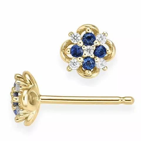 liten blomst safir diamantøredobb i 14 karat gull med diamant og safir
