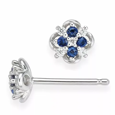 liten blomst blå safir diamantøredobb i 14 karat hvitt gull med diamant og safir