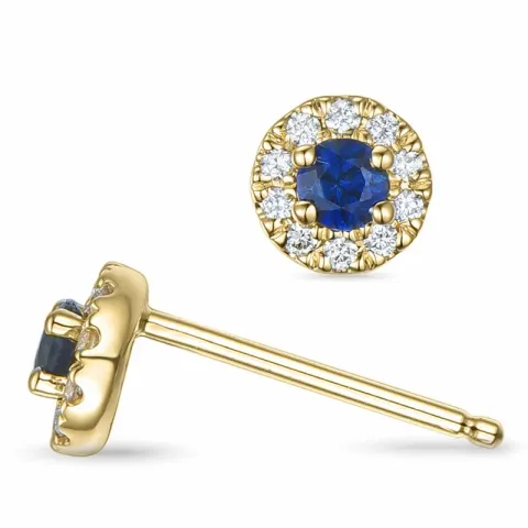 runde blå safir gull ørestikker i 14 karat gull med diamant og safir