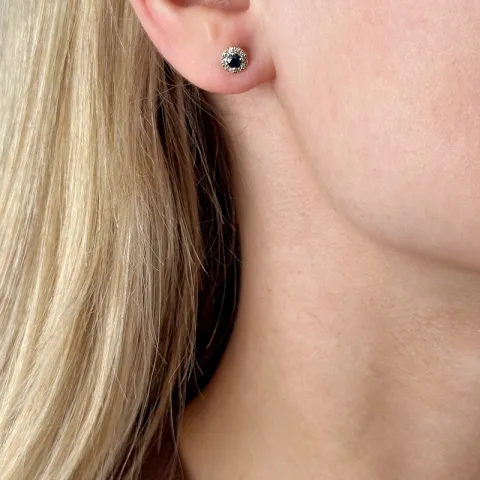 runde blå safir gull ørestikker i 14 karat gull med diamant og safir