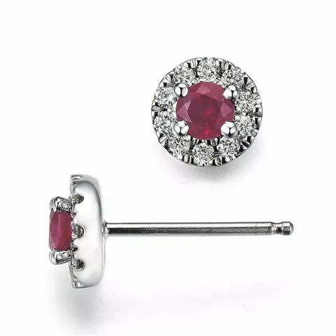 runde rød rubin ørestikker i 14 karat hvitt gull med diamant og rubin