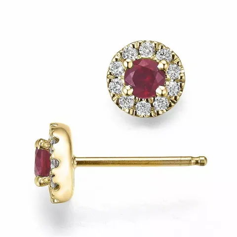 runde rød rubin ørestikker i 14 karat gull med diamant og rubin