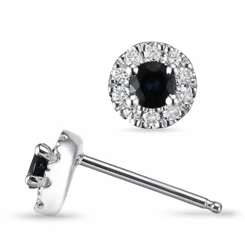 runde blå safir ørestikker i 14 karat hvitt gull med diamant og safir
