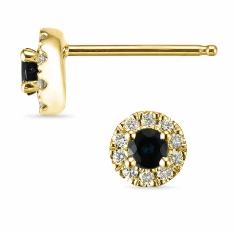 runde blå safir ørestikker i 14 karat gull med diamant og safir