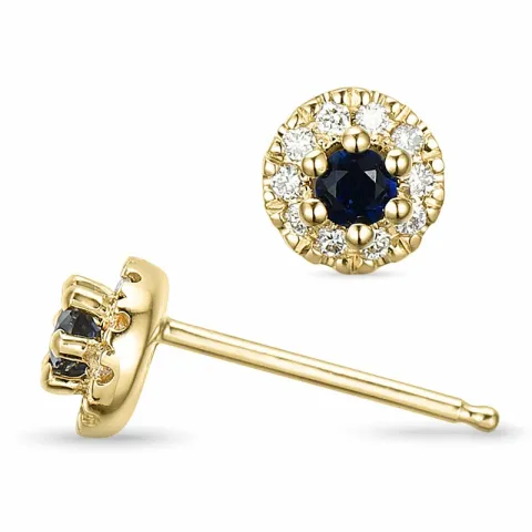 runde blå safir ørestikker i 14 karat gull med diamant og safir