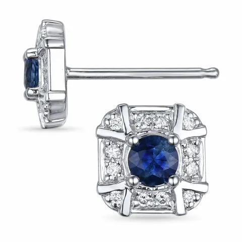 firkantet safir diamantøredobb i 14 karat hvitt gull med diamant og safir