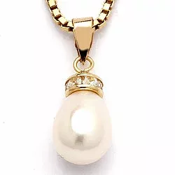 Dråpe hvit perle anheng i 9 karat gull