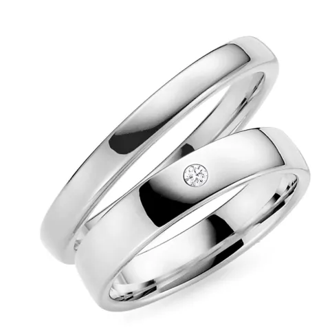 3 og 5 mm diamant gifteringer i 14 karat hvitt gull - par