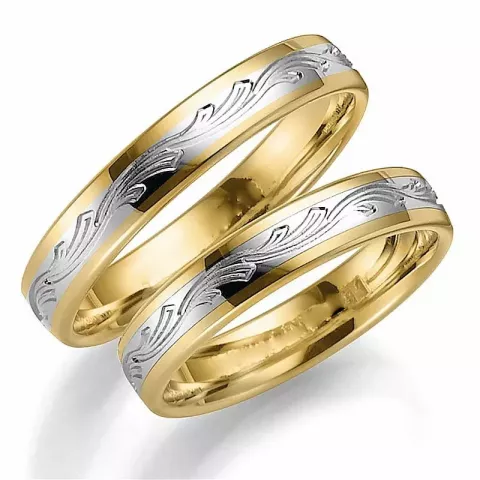 Mønster 4 mm gifteringer i 14 karat gull og hvitt gull - par