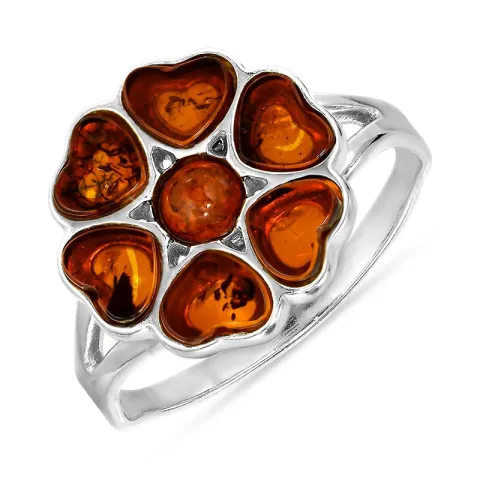blomst rav ring i sølv