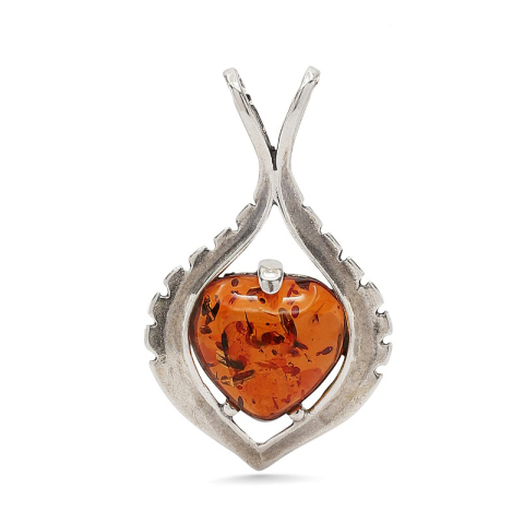 Stort hjerte rav anheng i sølv