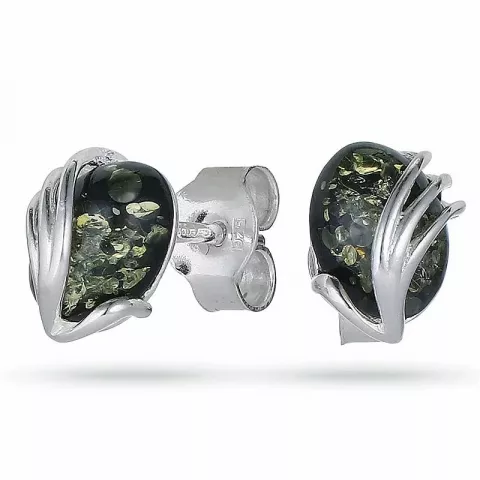 ovale grønn rav ørestikker i sølv