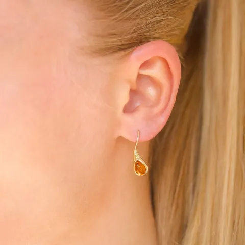 herlig dråpe rav øredobber i forgylt sølv