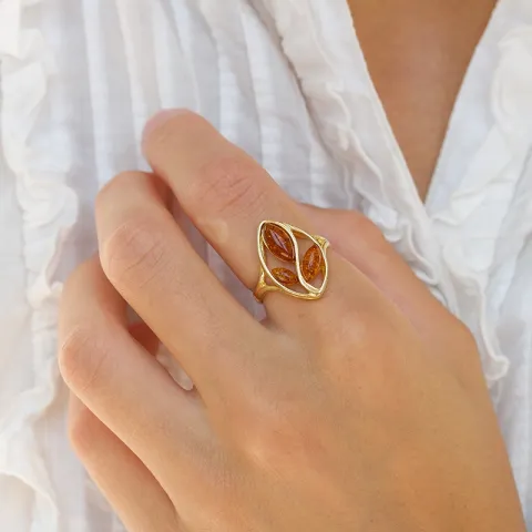 blomst rav ring i forgylt sølv